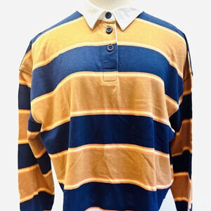 NWT SO Juniors Long Sleeve Pullover Collared Neck Striped Blue Shirt Size Large